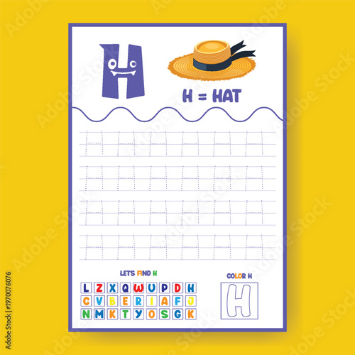 Preschool tracing worksheet for letter h education activity printable page with hat illustration find letters and coloring for kids