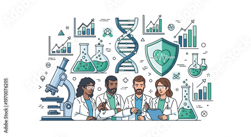 A collaborative team of medical professionals, including a doctor and businessman, is presented in a vector illustration with healthcare icons, DNA, lab flasks, and charts, against a clean
