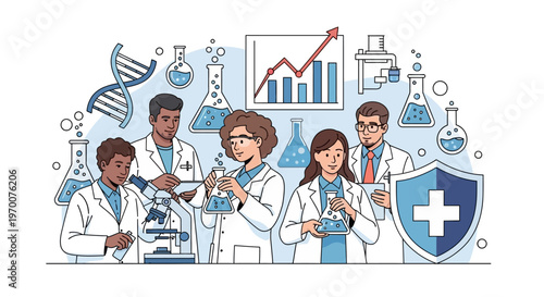 A diverse team of medical professionals collaboratively conducting lab research with microscopes, flasks, and DNA models against a clean background, presented as a flat vector illustration