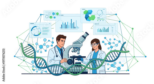 A medical science illustration featuring a man and woman in lab coats conducting research with a microscope and DNA helix against a backdrop of data charts, conveying a sense of teamwork