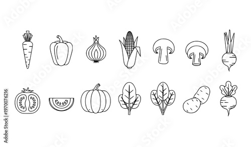 Healthy vegetable outline icon set with organic nutrition symbols isolated for packaging and recipe design