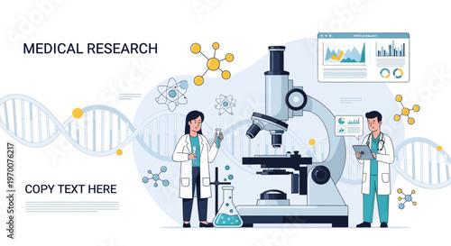 Illustrated vector of medical science and research featuring two scientists in lab coats, one holding a flask and the other using a tablet, with a microscope and DNA helix against a clean
