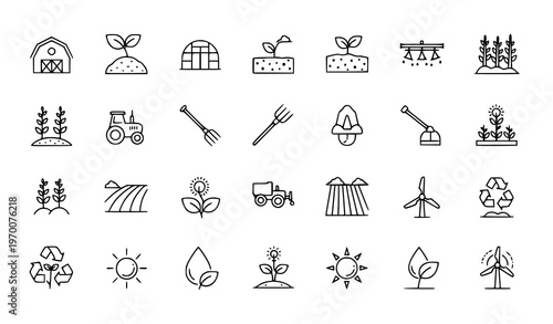 Farming and gardening linear icon collection with agriculture tools and eco growth symbols