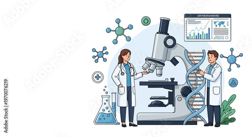 A vector illustration showcasing a healthcare team of a woman doctor and a businessman analyzing DNA and data charts near a microscope, creating a stand with science health poster, set