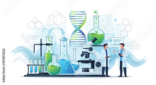 Illustrated stand with science health poster showing a team in a lab with DNA, a microscope, a flask, and a data chart surrounded by medical icons, rendered in a flat style with a dominant