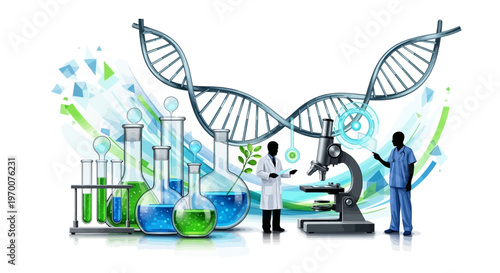 A health poster illustration featuring a team of science researchers, including a doctor and businessman, working with lab flasks, DNA models, microscopes, and data charts in a vector