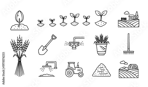 Agriculture line icon set with farm equipment and plant growth stages for eco and rural design