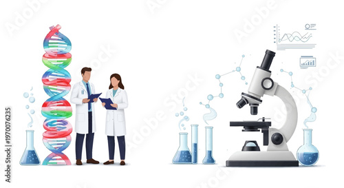 A stand with science health poster illustration shows two scientists discussing data by a colorful DNA model and lab flasks, with a microscope and test tubes indicating medical technology