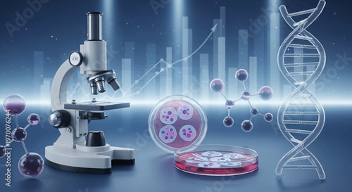 Conceptual science and health poster illustrating lab research, featuring a microscope, DNA strand, lab flask, and data chart, set against a backdrop of science saving lives
