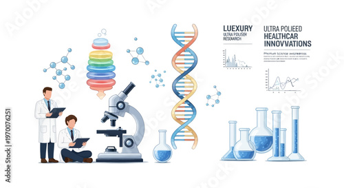 Flat vector illustration shows a stand with science health poster theme featuring a microscope, DNA strand, lab flasks, and data charts, alongside doctors in lab coats against a clean white