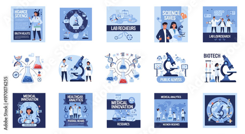 A medical science vector illustration featuring a DNA strand, lab flask, microscope, data chart, and doctor, promoting science with a clean design and modern icons in a blue color palette