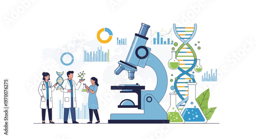 A group of medical professionals collaborate on lab research in a bright, modern science environment, featuring a prominent microscope, DNA strands, and data charts, with a clean