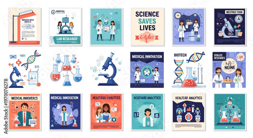 A set of vector illustrations promotes science and healthcare, featuring a microscope, DNA, lab flask, and data charts with doctors and business people in a flat design style