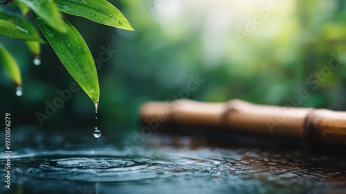 Water drop falling from green leaf creating ripples natural environment