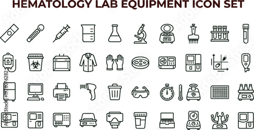 Hematology laboratory equipment line icon set for blood testing diagnostics healthcare analysis interface symbols vector clinical applications