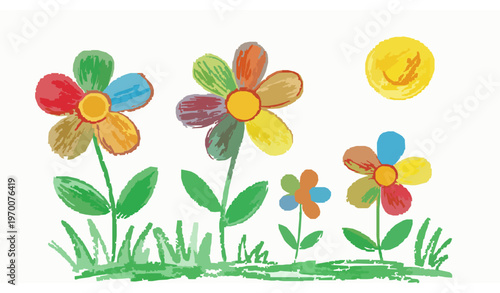 Kids drawing flowers hand drawn crayon illustration colorful child art isolated on white