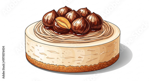 Delicious hazelnut cheesecake dessert with creamy topping and whole nuts on top isolated on white background for bakery menu or food design