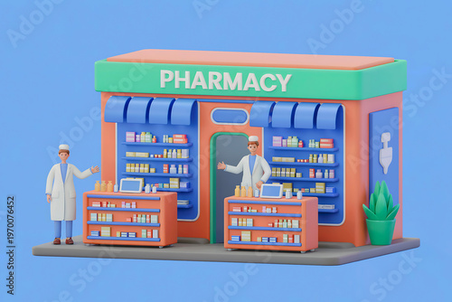 A 3D illustration of a pharmacy store with two pharmacists standing outside