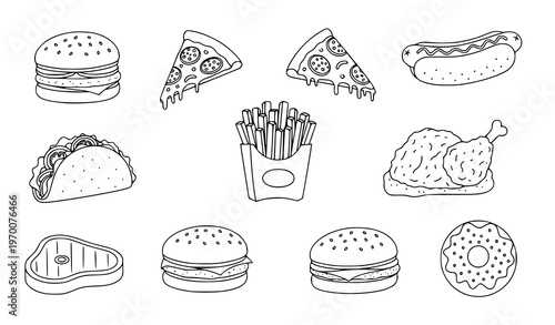Fast Food Doodle Vector Icons Burger Pizza Taco Fries Menu Illustration