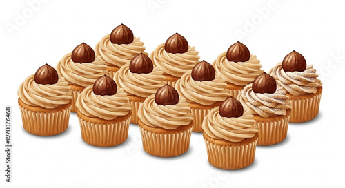 Group of small hazelnut cupcakes with creamy frosting and whole nuts on top arranged for bakery display or dessert catering event vector art