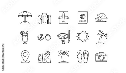 Vacation and summer travel line icon set with tourism holiday symbols for travel apps and seaside adventure design