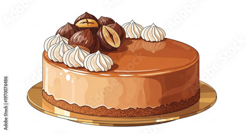 Gourmet hazelnut mousse cake with glossy caramel glaze and meringue decorations on golden plate for luxury restaurant dessert menu vector