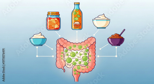 Educational medical illustration of human intestinal tract with probiotic food sources like kimchi and yogurt for gut health and nutrition
