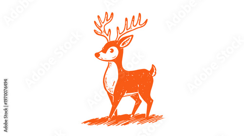 Orange hand-drawn deer illustration with large antlers, standing on a white background, rustic wildlife sketch, forest animal graphic