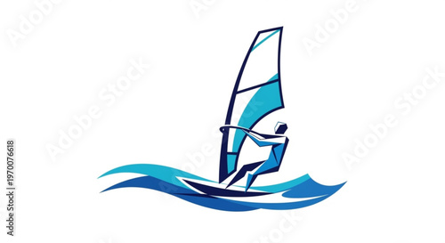 Abstract minimalist windsurfer silhouette icon on blue waves for water sports branding and adventure travel graphic design vector element