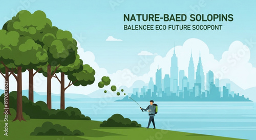 Ecological future city skyline with a person planting trees to restore nature in a sustainable living conceptual illustration style