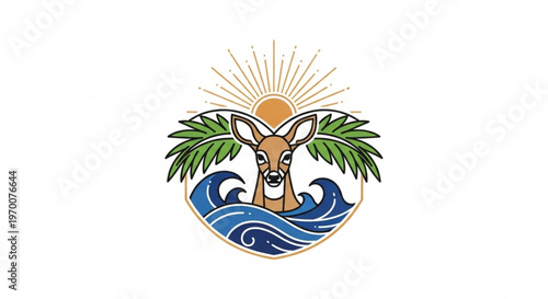 Stylized deer head emblem with palm leaves and ocean waves vector graphic design