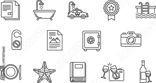 Hotel hospitality line icons set service amenities room travel leisure security dining vacation tourism vector collection design