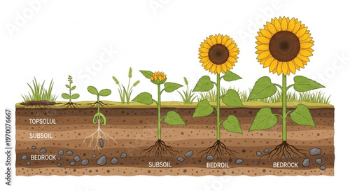 Educational cross section diagram of soil layers and sunflower plant growth stages