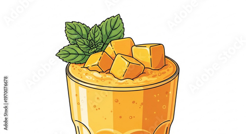 Refreshing mango smoothie in a glass with fresh mint leaves and ice cubes illustration