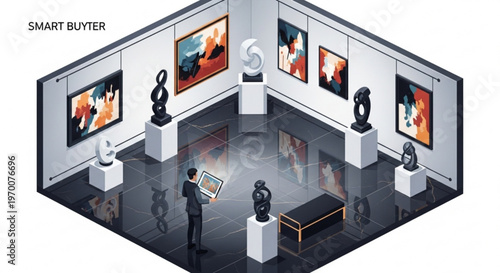 Businessman viewing abstract paintings in a modern isometric art gallery interior