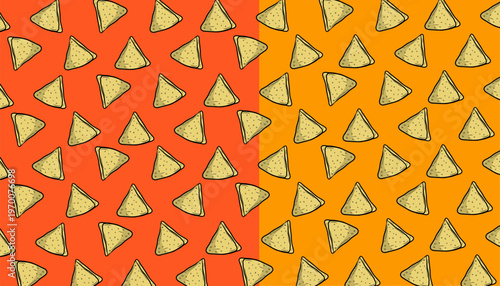 Samosa Pattern Design. Seamless Indian Snack Illustration. Crispy Fried Pastry Motif. Handdrawn Street Food Style.