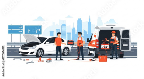 Roadside assistance technicians helping driver with dead car battery on highway with emergency service van and tools in flat vector illustration style