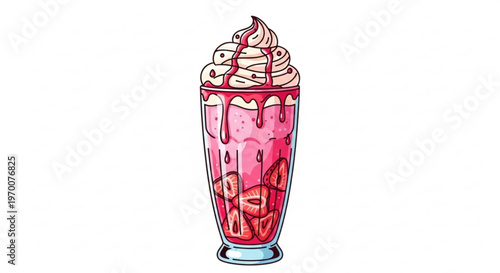 Delicious strawberry milkshake in a tall glass with whipped cream and fresh fruit slices in a bright flat vector illustration style isolated on white