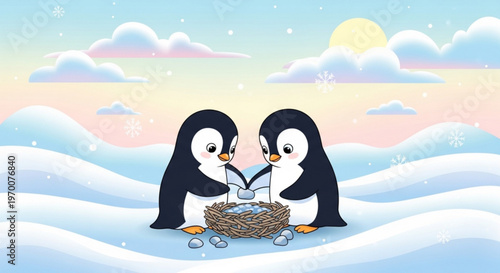 Two cute penguins building a nest together in a snowy winter landscape with soft pastel clouds and snowflakes in a charming flat vector illustration