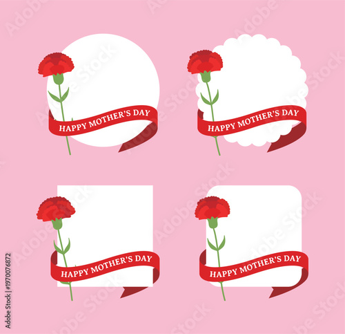 Set of Happy Mother's Day message labels with red carnations. Flat vector illustration of gift tags and greeting banners with red ribbons on pink background.