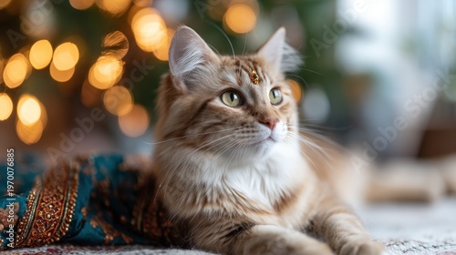 Domestic longhair cat with green eyes lying down amidst warm festive bokeh lights holiday season pet portrait