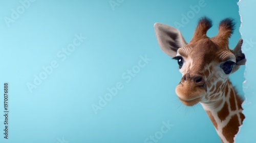 Giraffe peeking through torn blue background with large copy space and curious expression