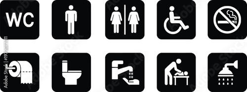 Collection of black restroom and facility access signage icons