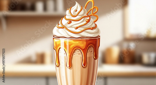 Refreshing iced coffee latte in tall glass with whipped cream and caramel drizzle in bright blurred kitchen interior background for food and drink photography