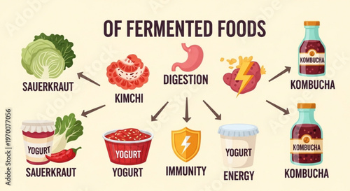 Infographic showing health benefits of fermented foods like sauerkraut kimchi yogurt and kombucha for digestion immunity and energy in clear vector style