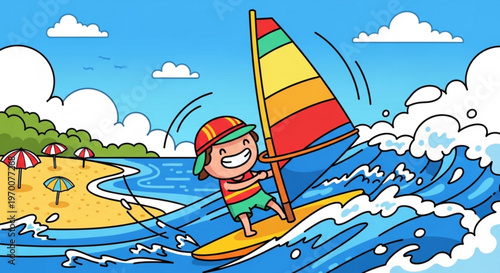 Cute cartoon boy windsurfing on blue ocean waves with sandy beach and colorful umbrellas in summer vacation vector illustration style