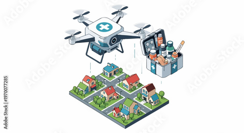 Isometric Medical Drone Delivering Emergency First Aid Kit and Medicine over Residential Neighborhood. Future Healthcare Logistics and Smart City Technology Concept.
