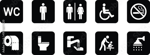 Collection of black restroom and accessibility signage icons displayed neatly