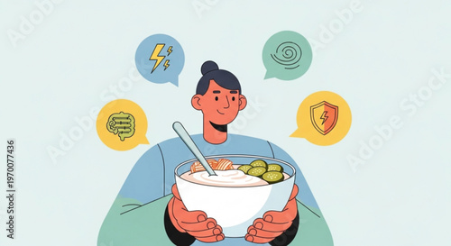 Woman holding a bowl of healthy probiotic food with floating icons representing digestion energy and immune system support in a clean flat illustration