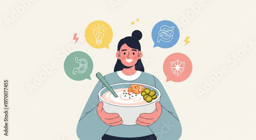 Happy woman holding a bowl of nutritious food with icons showing gut health energy and immune defense in a professional flat design illustration
